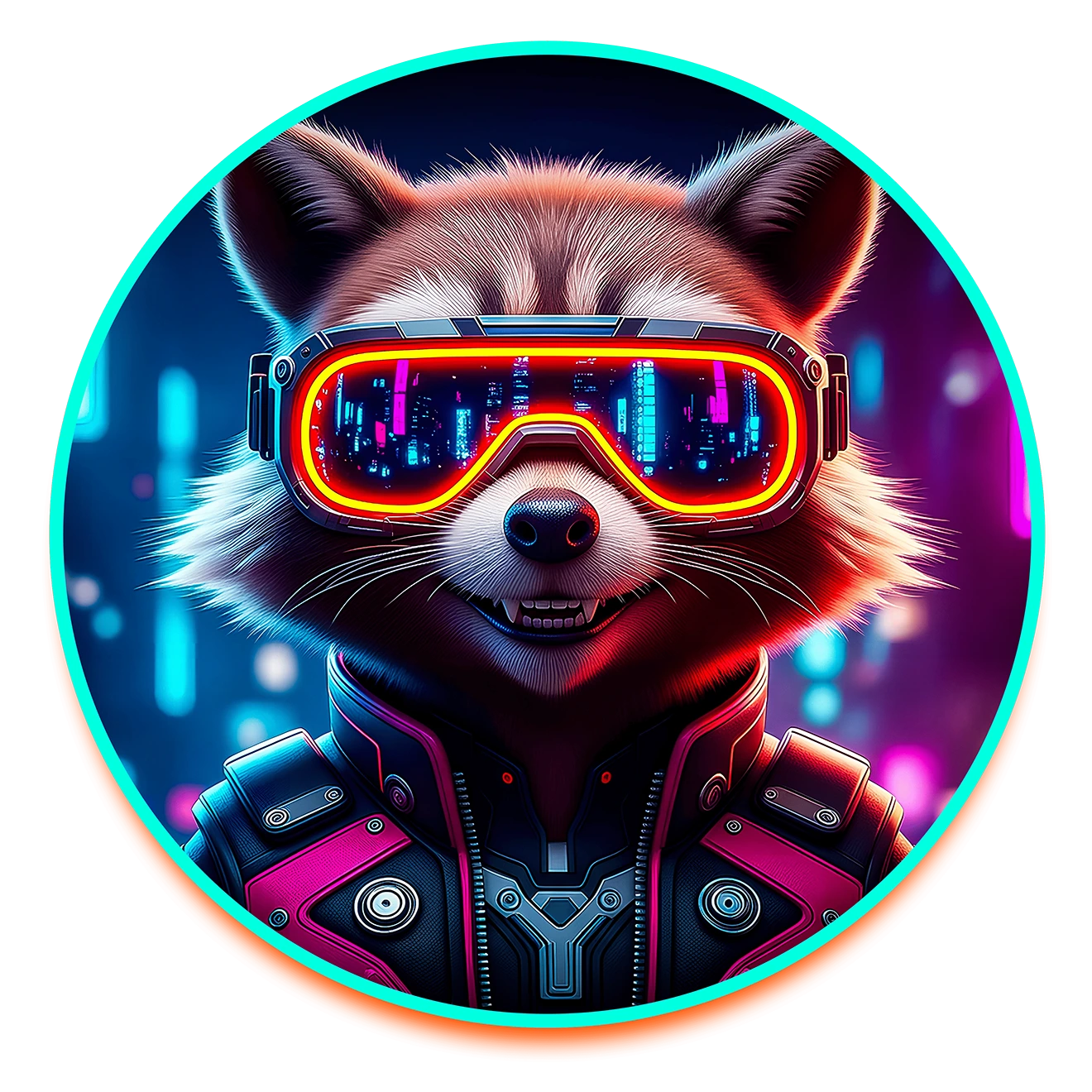 Ruki, copiloto de Neon Panda DJ, en marco neón futurista